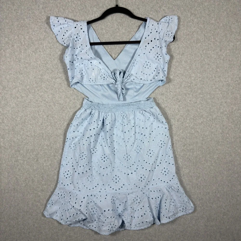 Jessica Simpson Light Blue Eyelet Cutout Ruffle Mini Dress Small Cotton